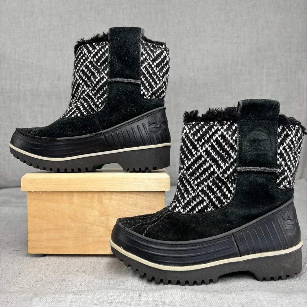 Sorel Tivoli II Winter Boots Black White Herringbone Waterproof Snow Kid Size 12